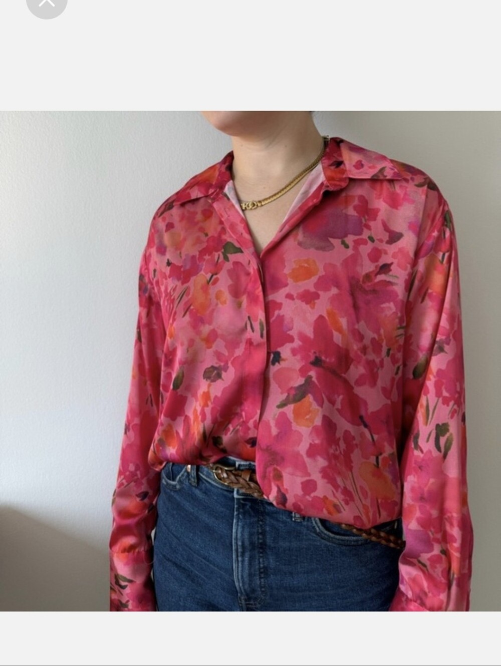 Zara Pink Floral Satin Button-Down Shirt Size Large